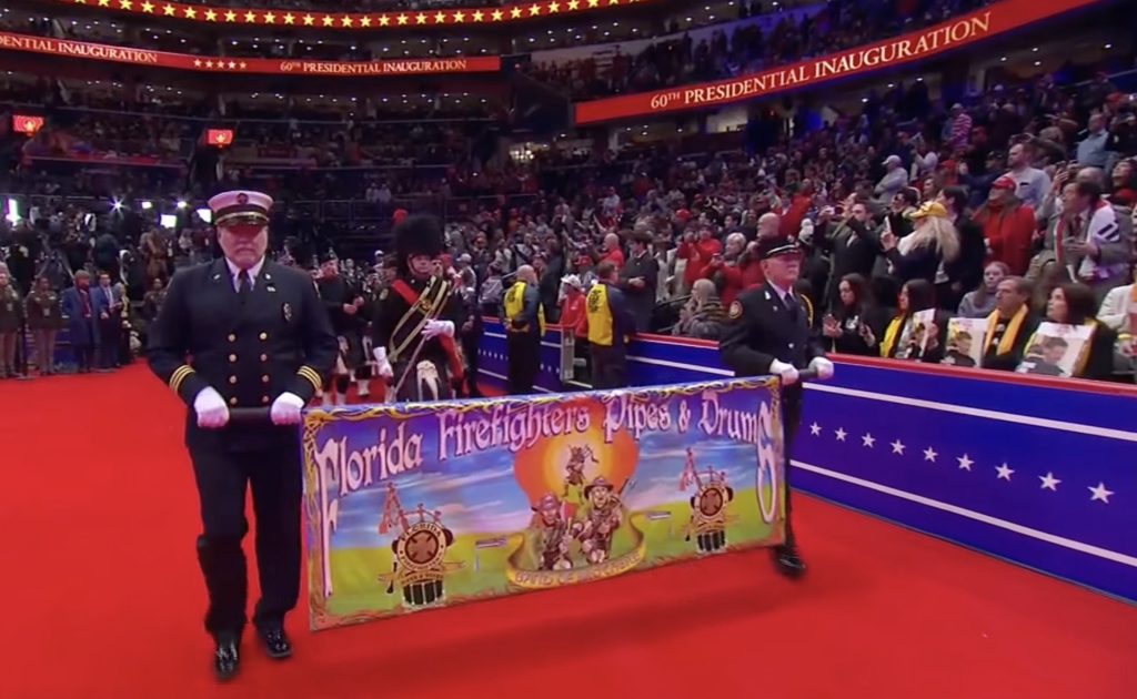 The Boca Raton-based Florida Police & Firefighters Pipes and Drums performed at the inauguration of President Donald Trump, Jan. 20, 2025. (Screenshot)